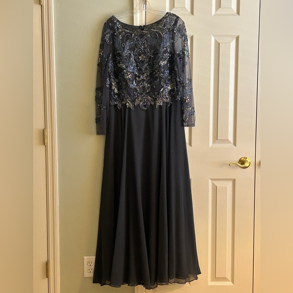 Elegant Charcoal Gray Beaded Evening Gown